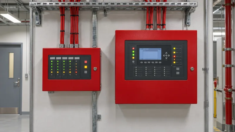 Conventional zone fire alarm panel beside a larger addressable fire alarm panel with LCD screen in a UAE plant room