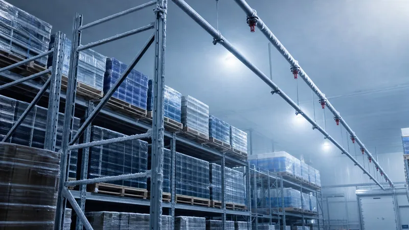 Cold-storage freezer warehouse with frost on steel racking and overhead dry-pipe sprinkler piping