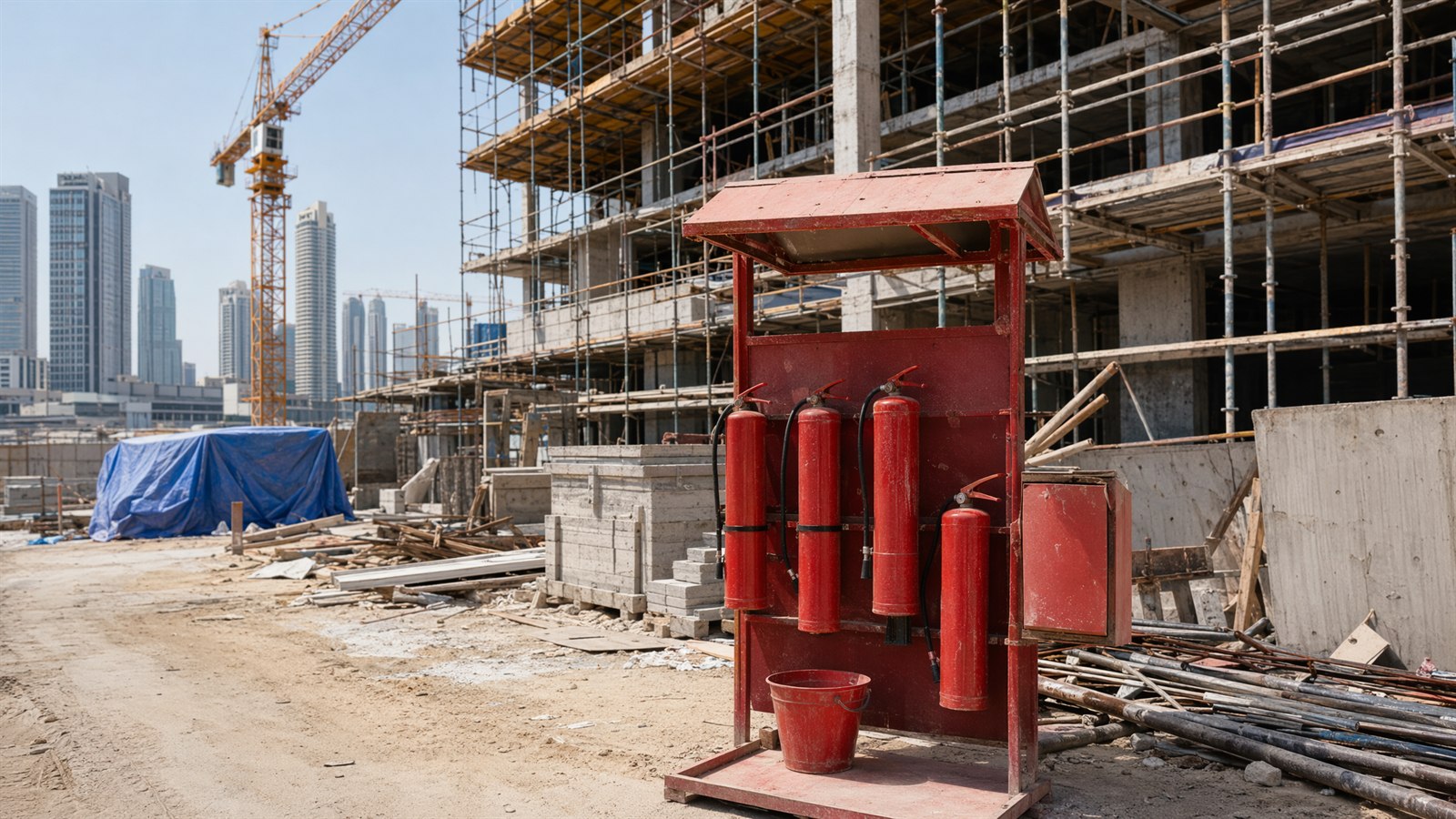 Construction site with a temporary fire point holding red extinguishers, scaffolding and a tower crane behind