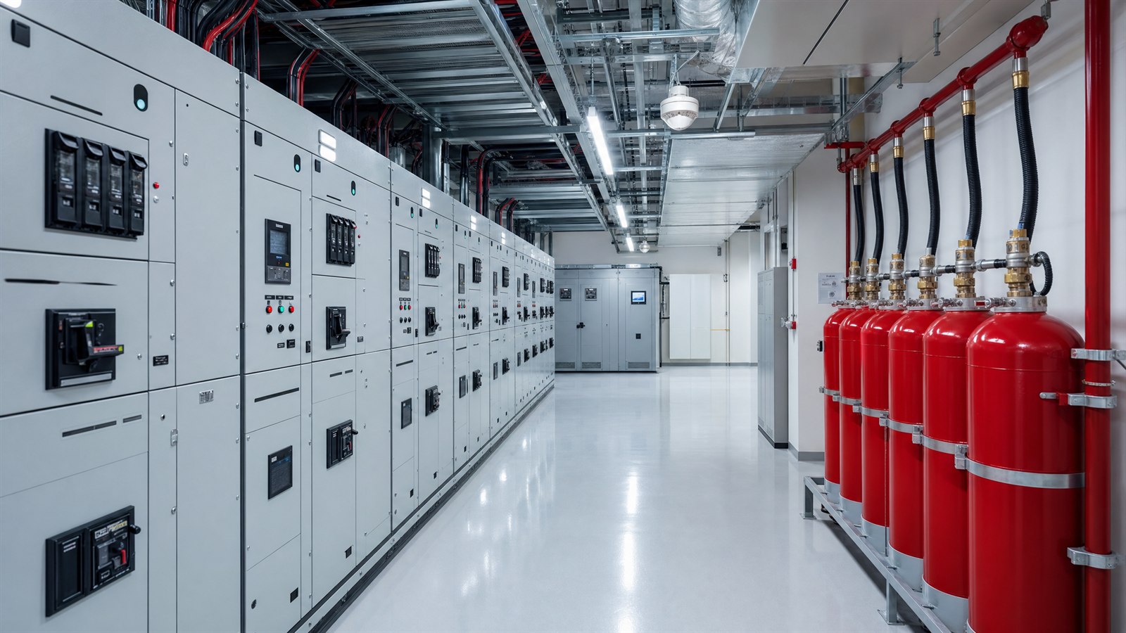 Electrical switchgear room with grey low-voltage distribution panels and a red clean-agent suppression cylinder bank piped to a ceiling nozzle