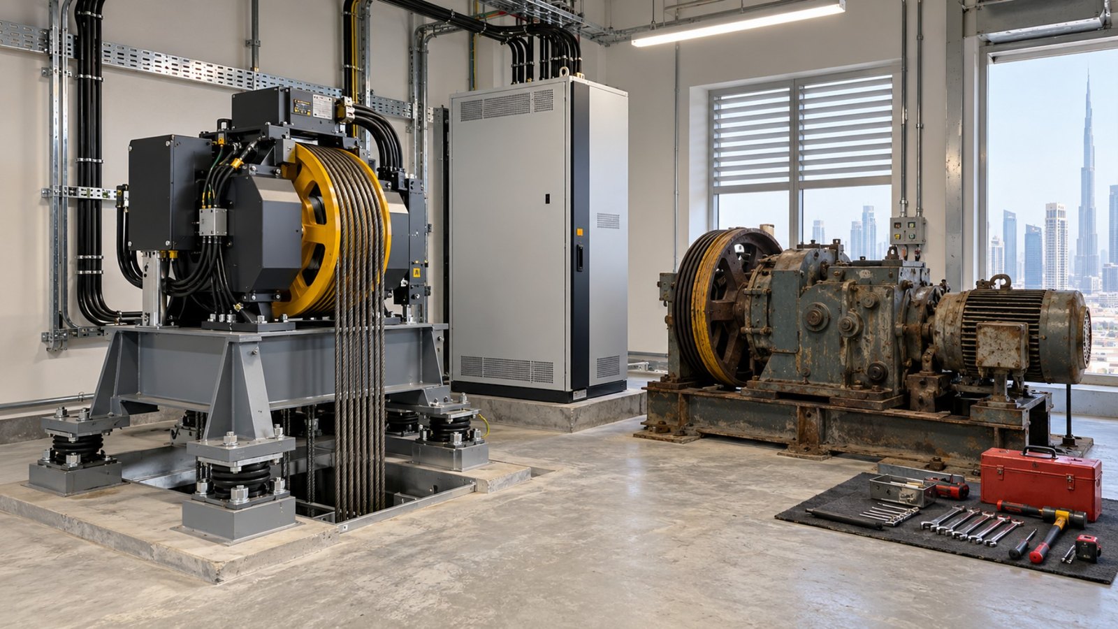 New gearless traction machine and controller beside a removed old geared lift machine in a Dubai tower machine room