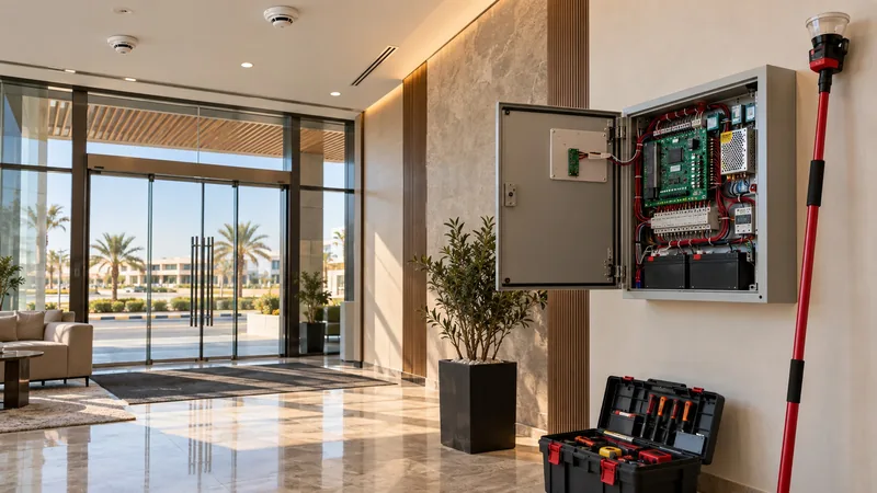 Open fire alarm control panel with standby batteries and a detector test pole in a commercial building lobby in Umm Al Quwain