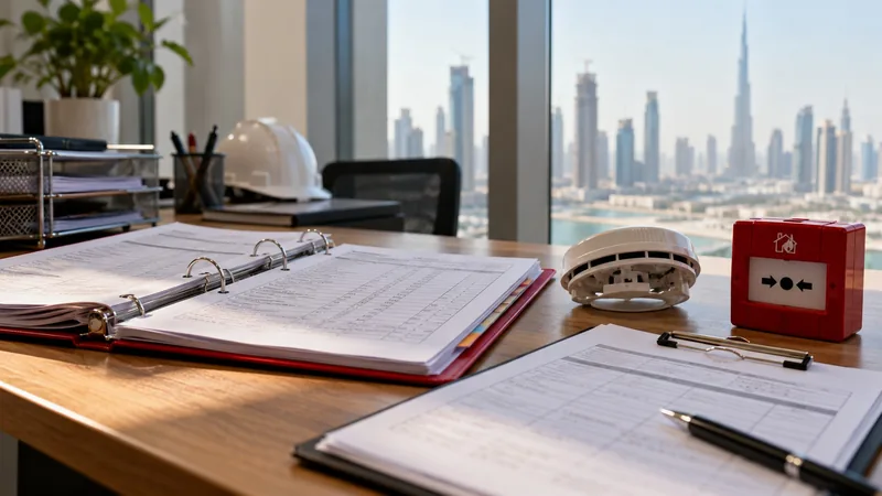 Fire alarm defect register binder, service report, smoke detector head and manual call point on a Dubai facility manager's desk