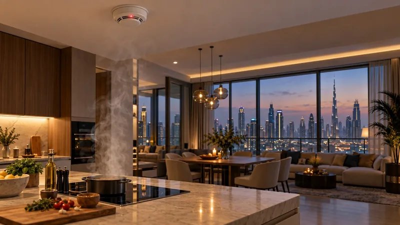 Cooking steam rising toward a ceiling smoke detector in a Dubai apartment kitchen with the city skyline at dusk