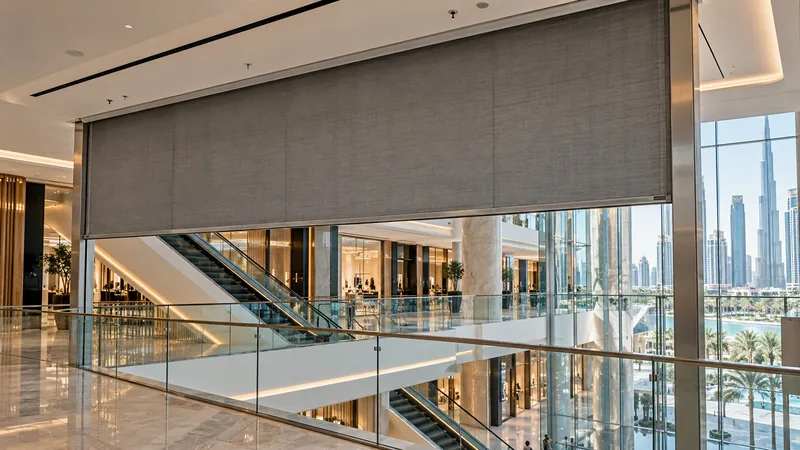 Grey fire curtain partly deployed from a ceiling box along a Dubai mall atrium edge beside escalators