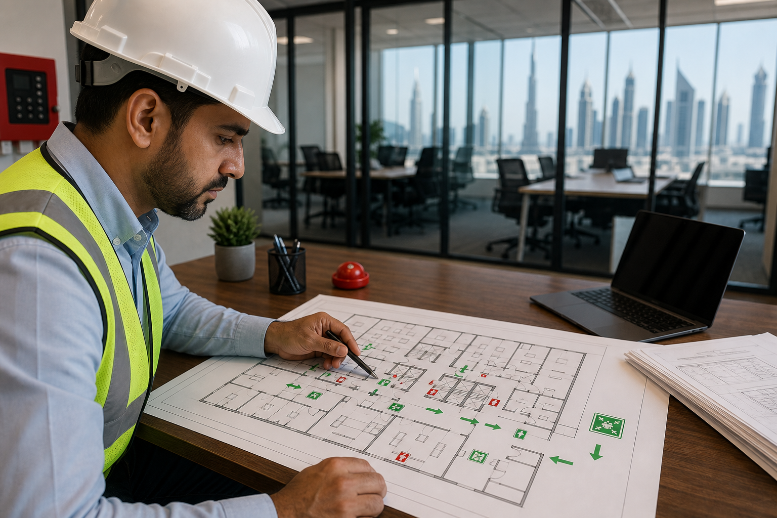 2D fire evacuation drawing for a Dubai building