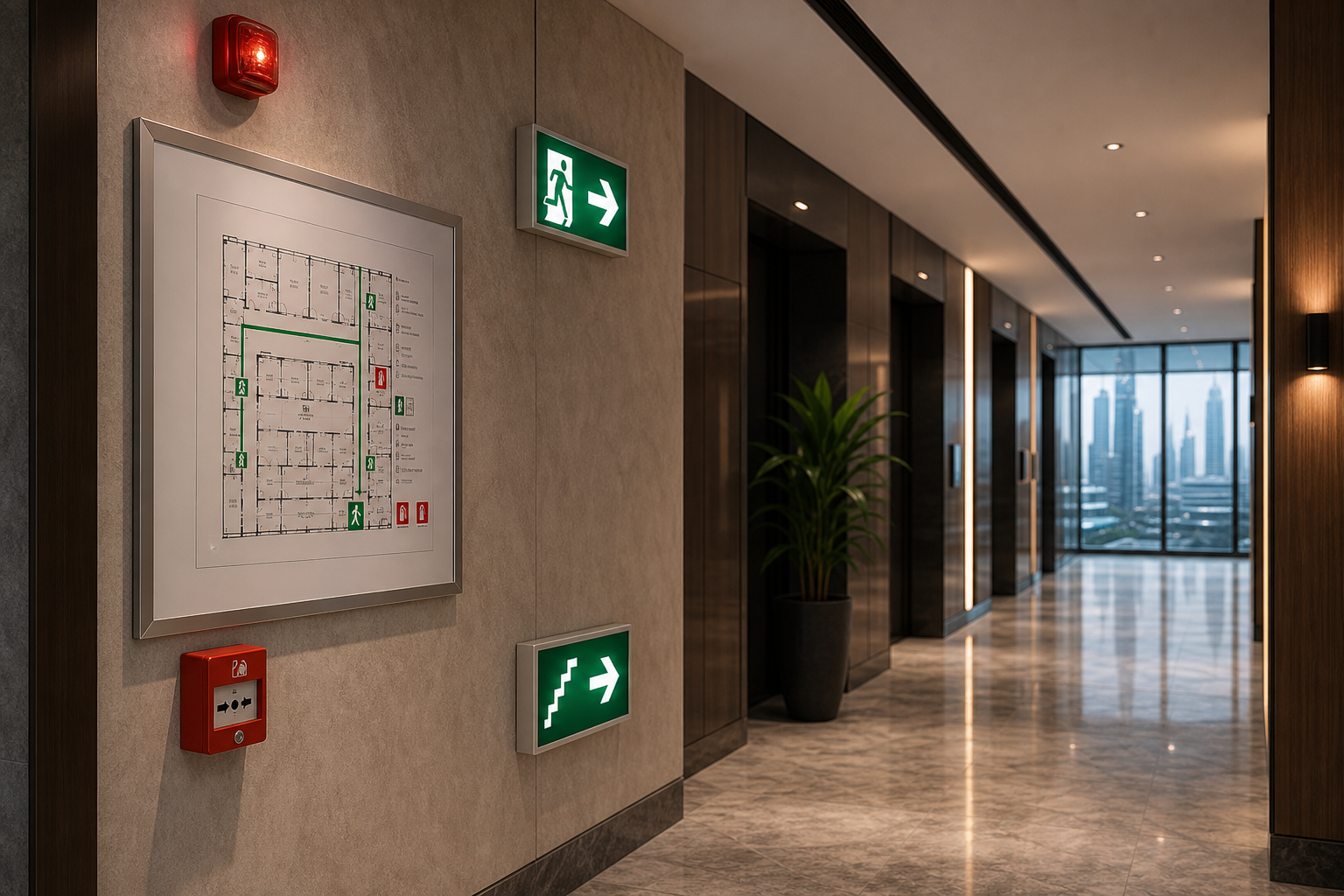 Evacuation drawing compliance review for a Dubai building