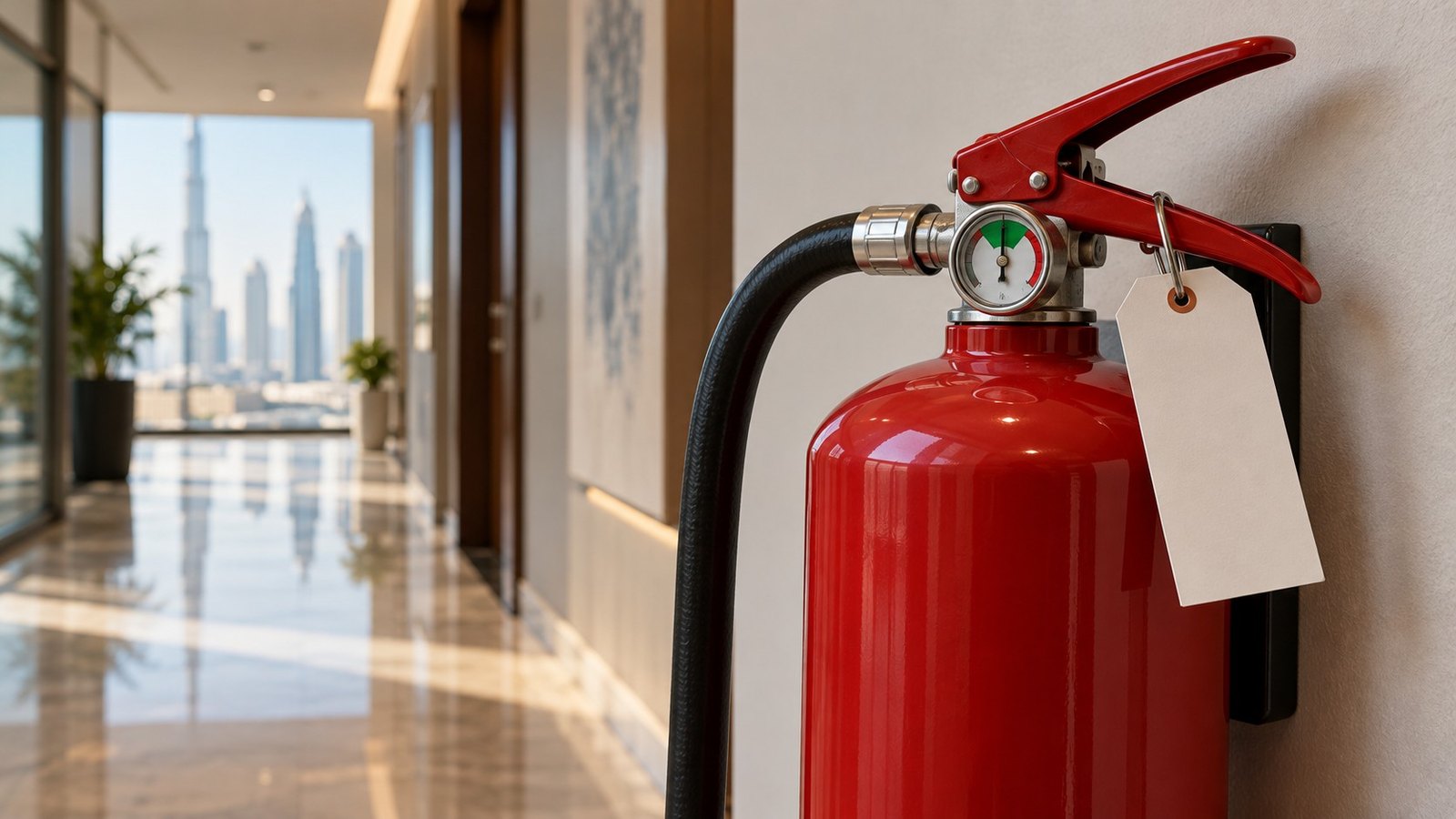 Wall-mounted fire extinguisher with its pressure gauge in the green zone and a blank service tag in a Dubai office corridor