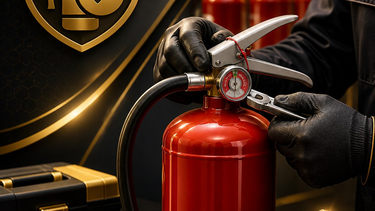 Fire extinguisher service technician inspecting cylinders for Dubai building compliance