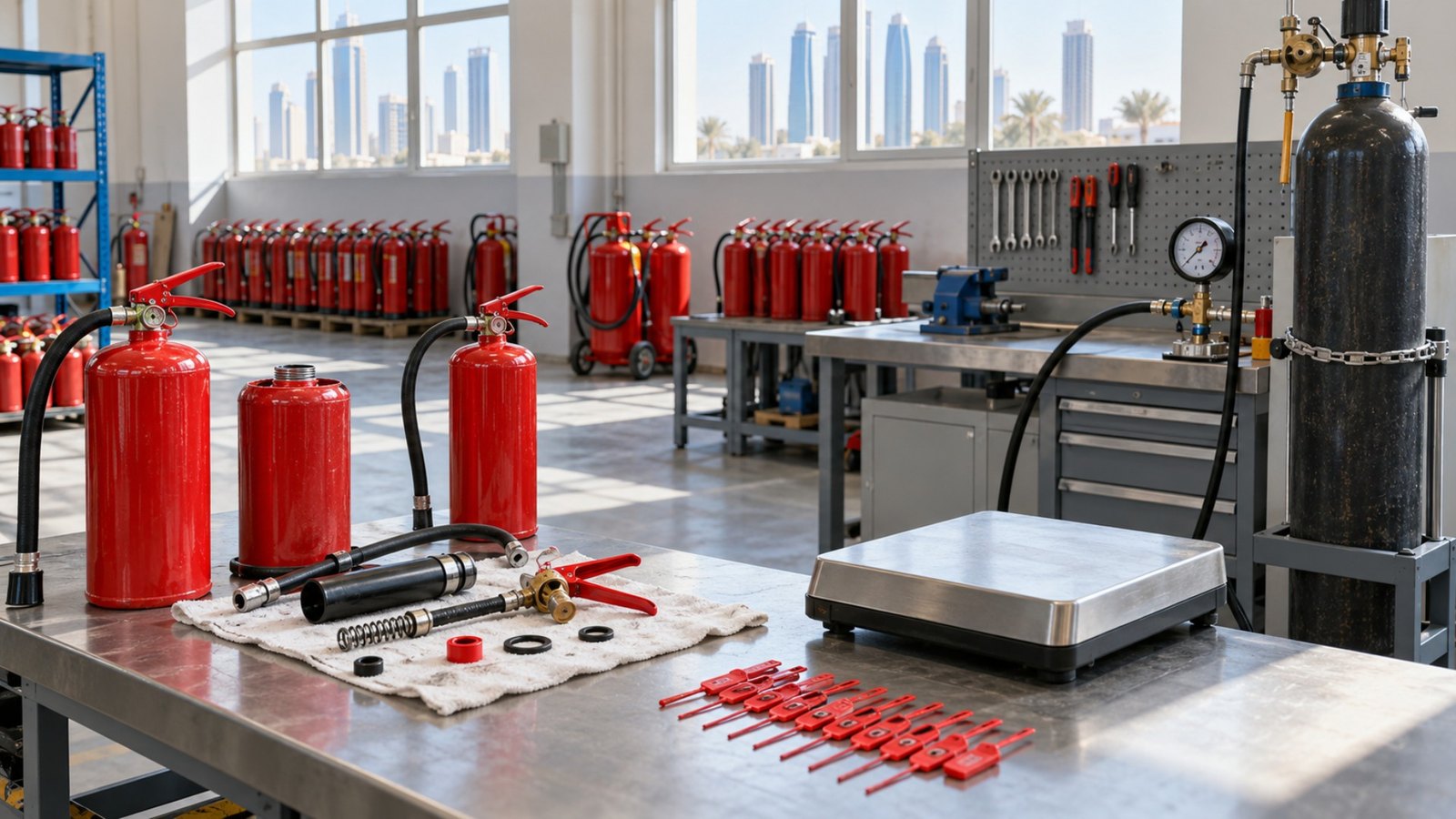Fire extinguisher refilling workshop in Abu Dhabi with weighing scale, nitrogen cylinder, gauge and tamper seals on the bench