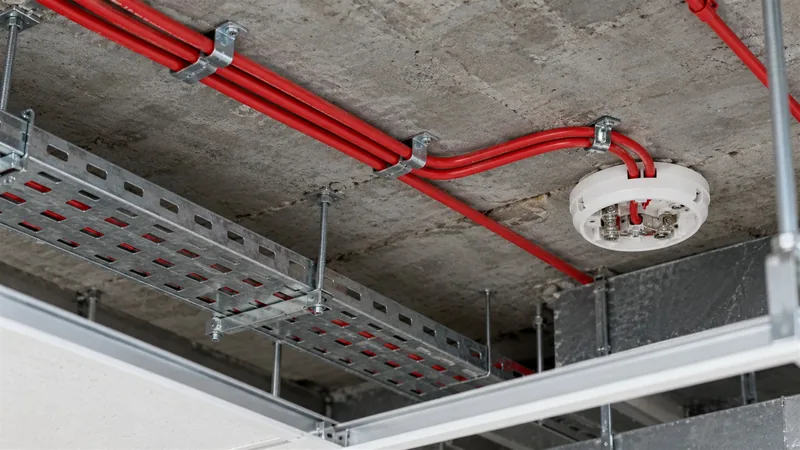 Red fire resistant fire alarm cables fixed with metal clips to a concrete soffit above a false ceiling, leading to a detector base