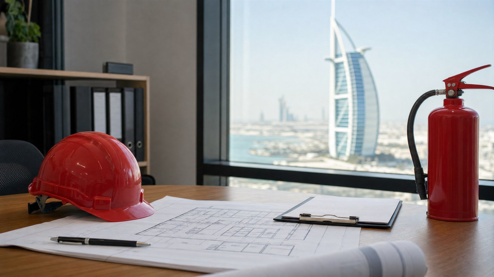 Fire-safety consultant desk with a building floor plan, a red hard hat, a clipboard and a small extinguisher