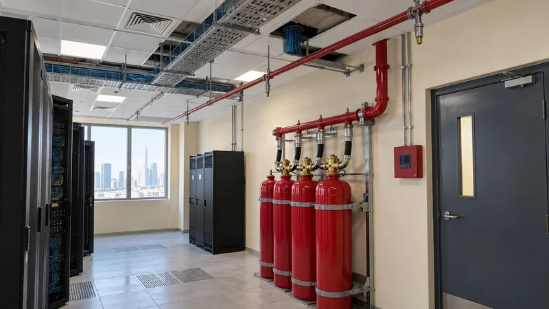 Fire suppression system Dubai installation with red cylinders, manifold and overhead nozzles in an electrical room