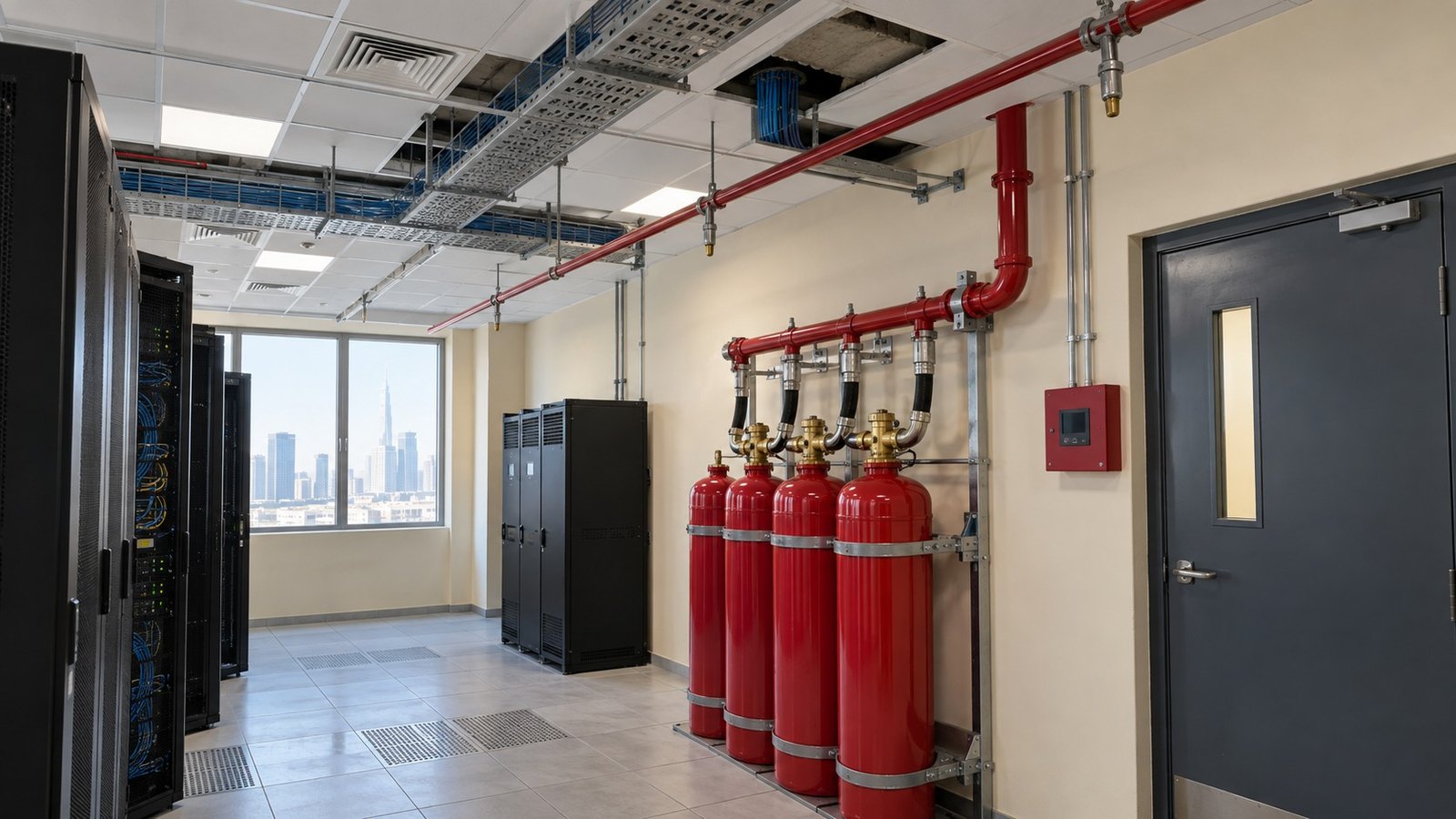 Fire suppression system Dubai installation with red cylinders, manifold and overhead nozzles in an electrical room