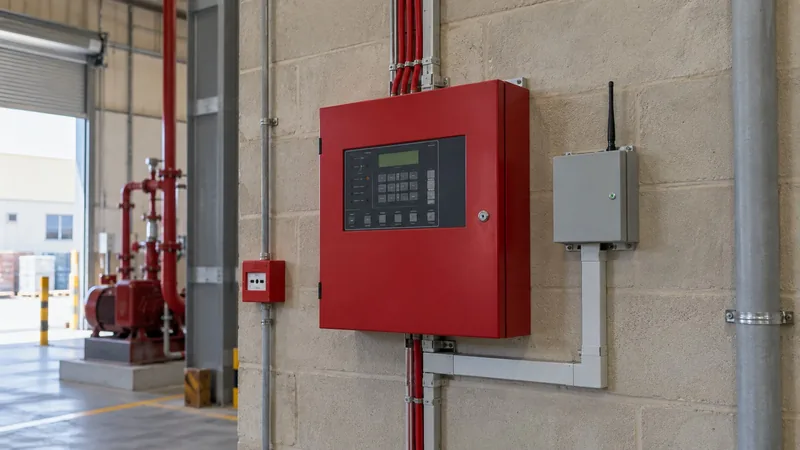 Red fire alarm panel beside a grey DCD Hassantuk transmission unit in a Dubai warehouse plant room