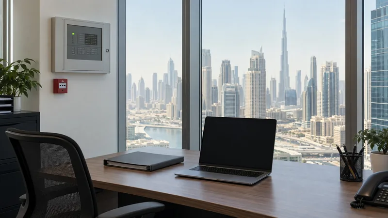 Business Bay facilities desk and fire alarm repeater panel for Hassantuk renewal checks