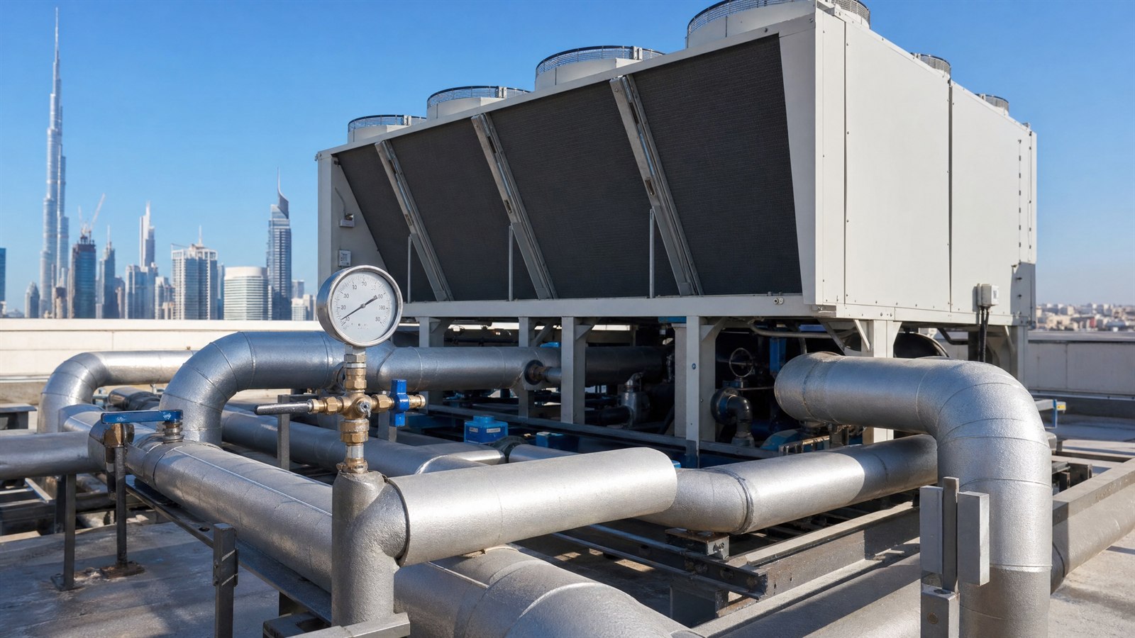 Rooftop chiller plant on a Dubai building with air-cooled chillers, insulated pipework and a gauge manifold
