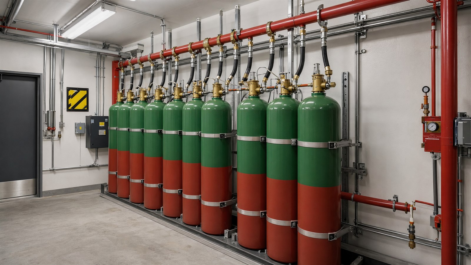 Row of tall high-pressure inert-gas fire suppression cylinders connected by a manifold in a cylinder room