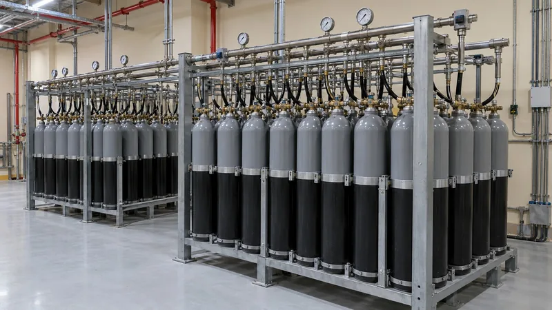 Bank of high-pressure cylinders and gauges prepared for inert gas refilling UAE service