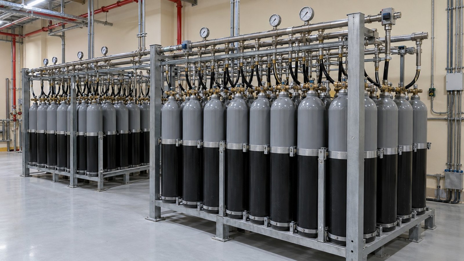 Bank of high-pressure cylinders and gauges prepared for inert gas refilling UAE service