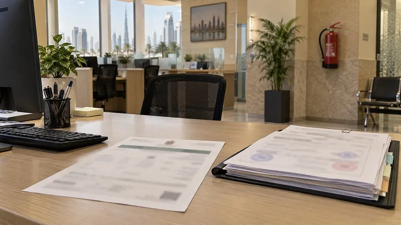 Dubai typing-centre desk with licence papers and an extinguisher for an istifa certificate application