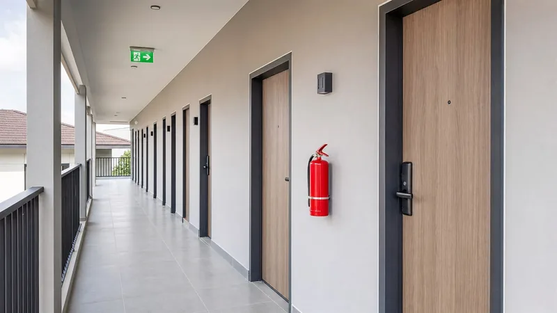 ممر سكن الموظفين نظيف مع أبواب الغرف وطفاية حريق حمراء وعلامة خروج خضراء