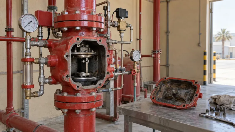 Open preaction valve in a Dubai riser room illustrating nfpa 25 2026 internal inspection