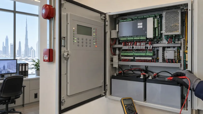 Open fire alarm panel with standby batteries during an NFPA 72 2025 AMC inspection