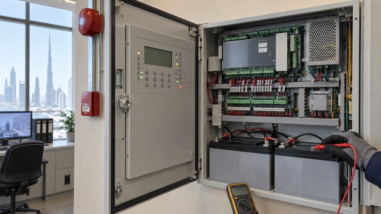 Open fire alarm panel with standby batteries during an NFPA 72 2025 AMC inspection