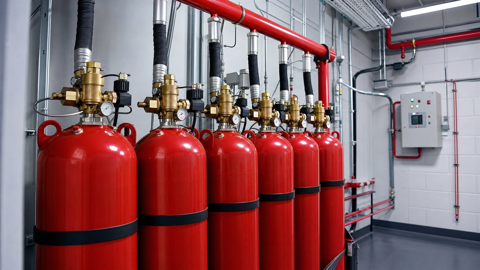 Bank of red clean-agent fire suppression cylinders with discharge piping and a control panel in a plant room