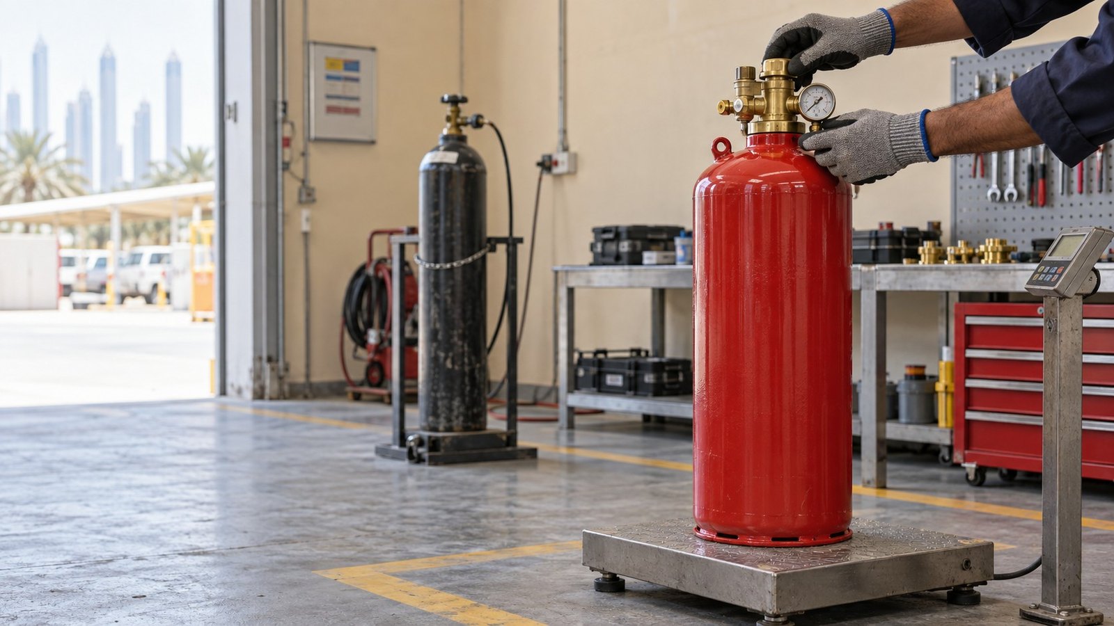 Red cylinder weighed during novec recharge uae service in an authorised workshop