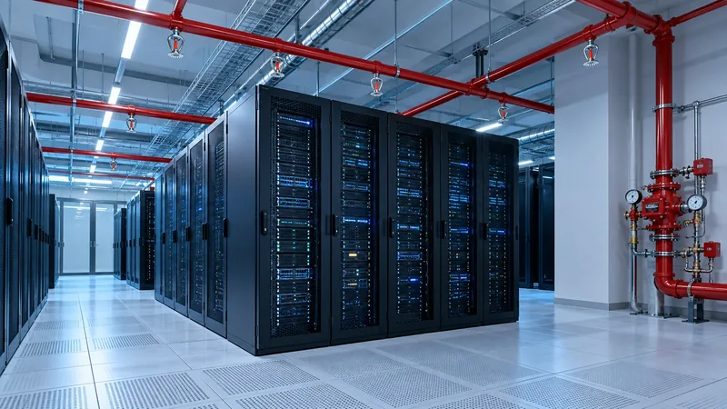 Data centre server hall with red pre-action sprinkler pipework on the ceiling and a pre-action valve assembly on the wall