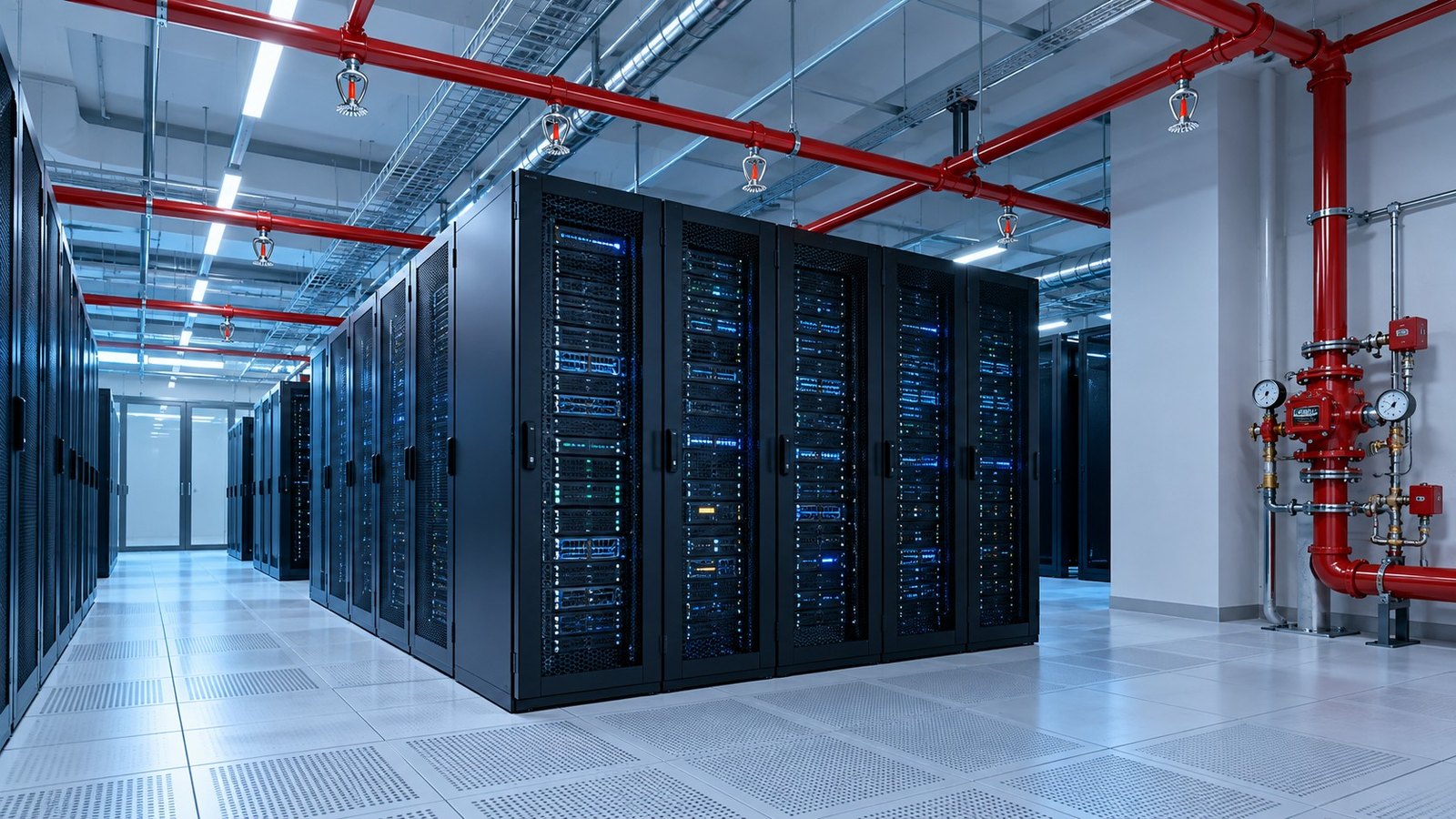 Data centre server hall with red pre-action sprinkler pipework on the ceiling and a pre-action valve assembly on the wall