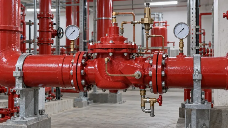 Pilot-operated pressure reducing valve with inlet and outlet gauges on red sprinkler pipework in a Dubai pump room