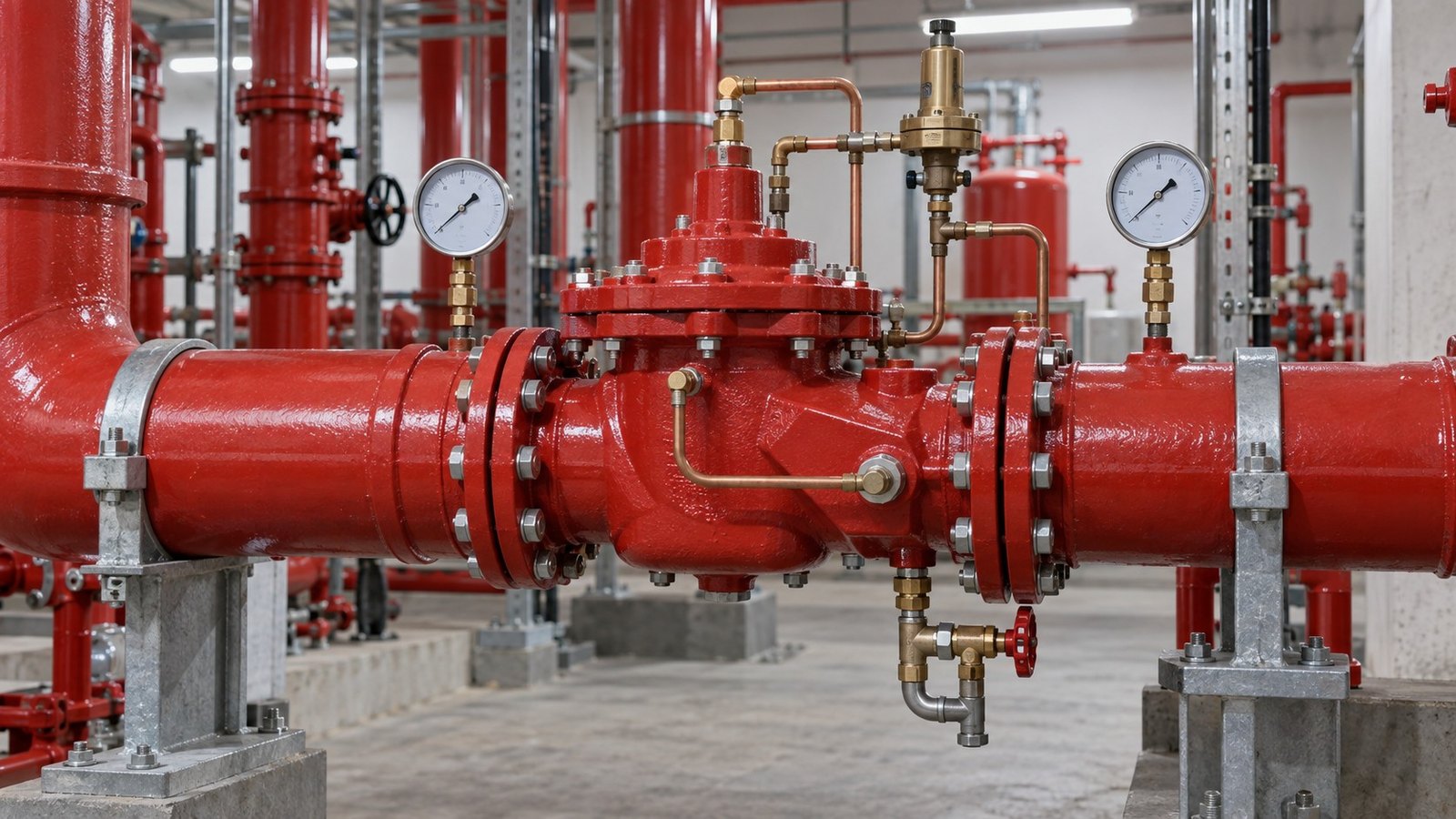 Pilot-operated pressure reducing valve with inlet and outlet gauges on red sprinkler pipework in a Dubai pump room