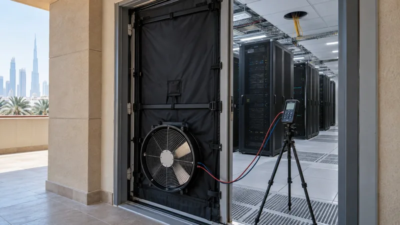 Door fan rig and manometer set up for a room integrity test UAE inside a server room