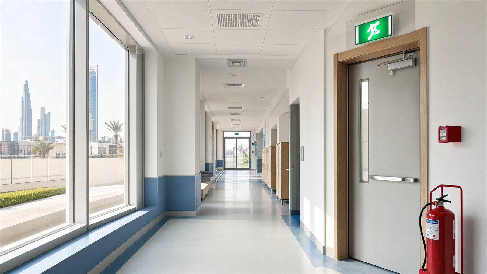 Bright school corridor with a green illuminated exit sign, a red fire extinguisher and a wall-mounted call point