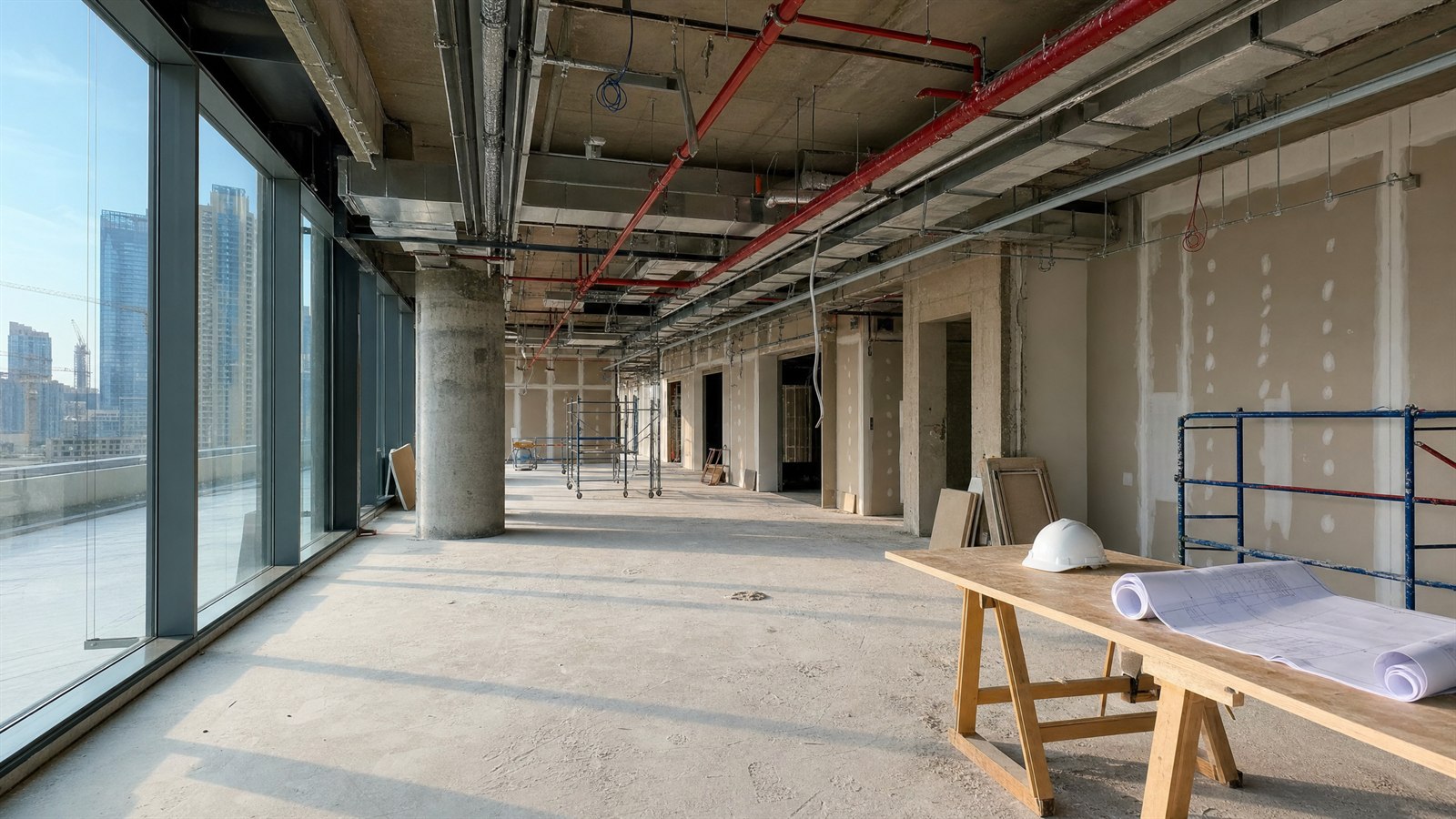 Shop fit-out under construction with an exposed ceiling of red sprinkler pipes and ductwork, a hard hat and rolled drawings