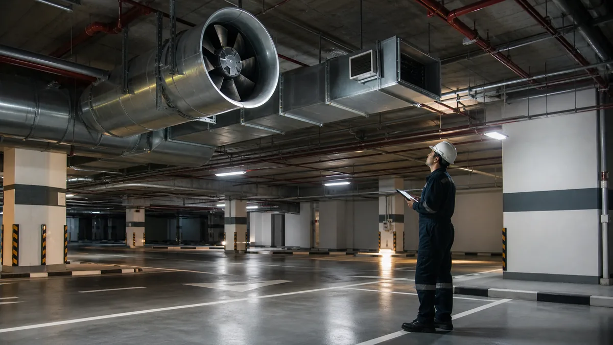 Generated basement smoke extraction system Dubai car park ventilation fans