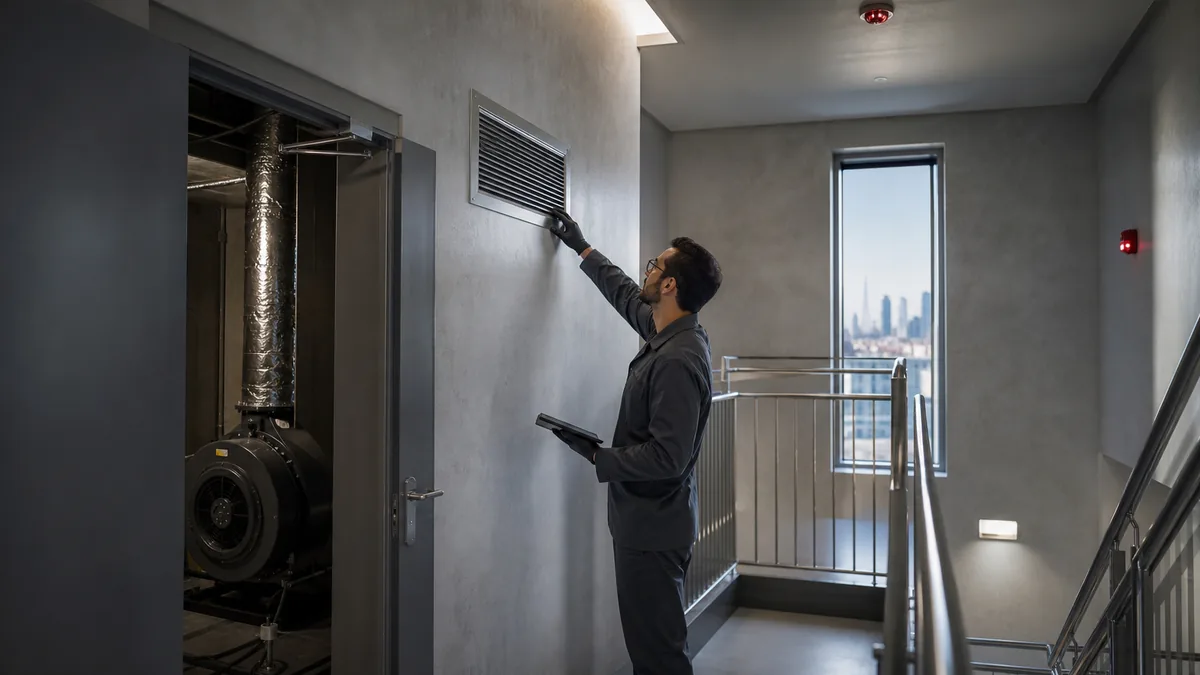 Generated staircase pressurization Dubai high-rise escape stair inspection