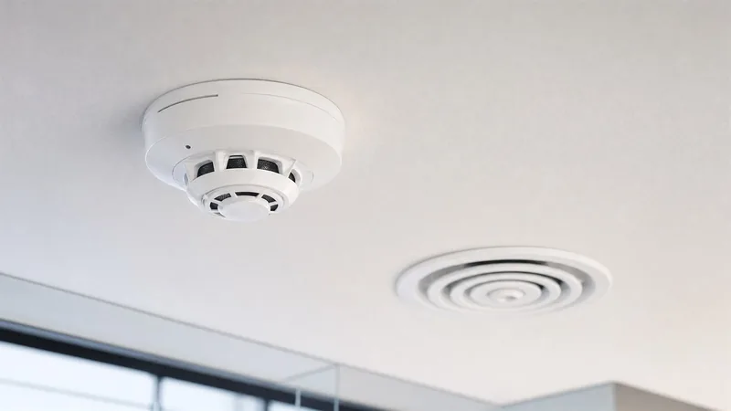 White ceiling-mounted smoke detector on an office ceiling next to a round air-conditioning diffuser