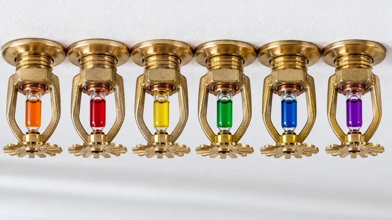 Row of pendant fire sprinkler heads with orange, red, yellow, green, blue and purple glass bulbs showing temperature ratings