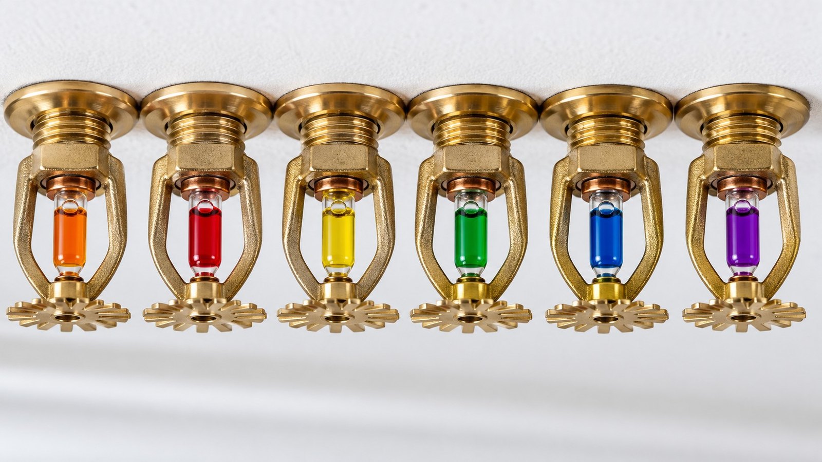 Row of pendant fire sprinkler heads with orange, red, yellow, green, blue and purple glass bulbs showing temperature ratings