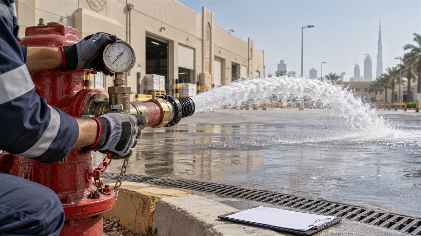 Technician checking a hydrant pressure gauge during fire testing and certification services in UAE