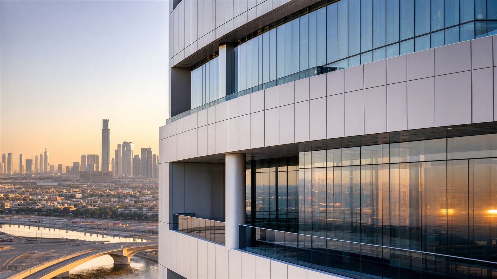 Modern Dubai high-rise tower with an aluminium composite cladding and glass facade at golden hour
