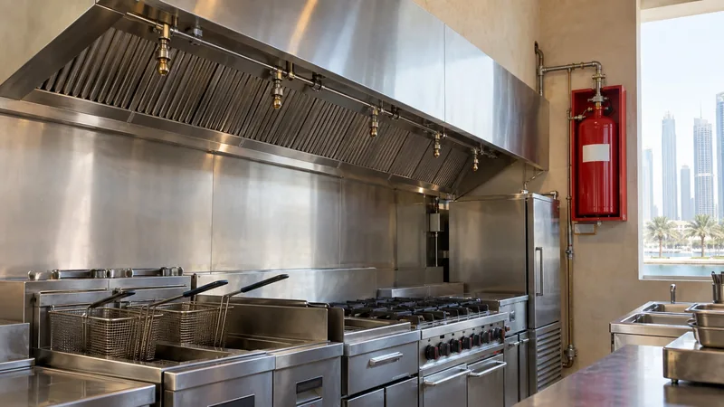 Kitchen fire suppression UAE system beneath a stainless hood, with nozzles and red cylinder visible