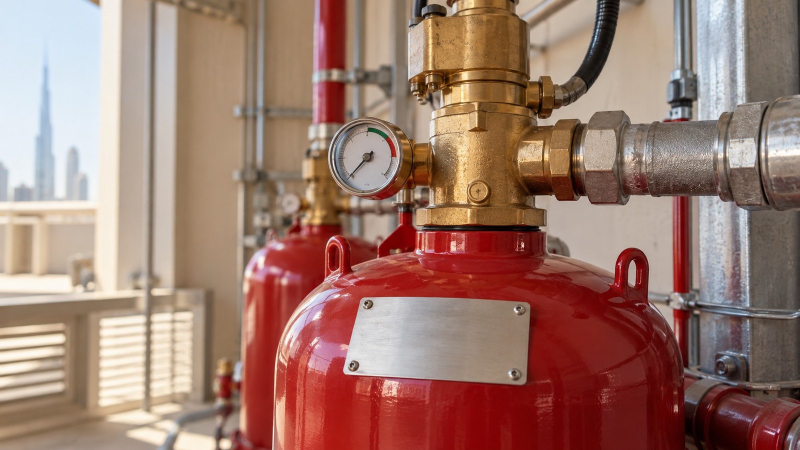 Red cylinder valve and pressure gauge for ul fm approved fire suppression in a Dubai plant room