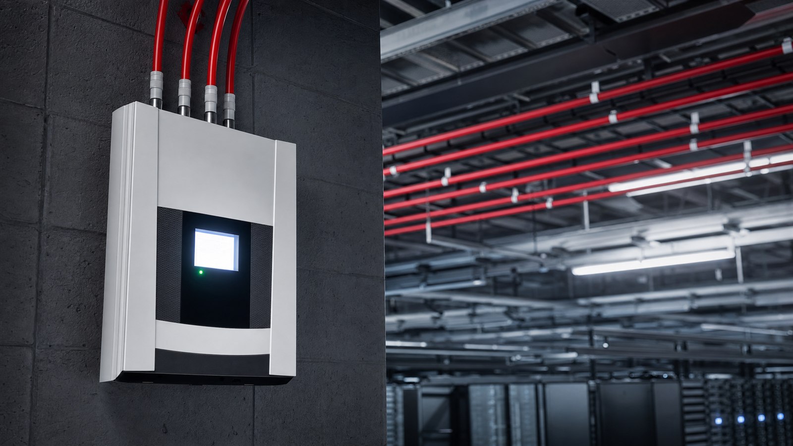 Aspirating smoke detection unit with small-bore sampling pipes running across a ceiling and a glowing display