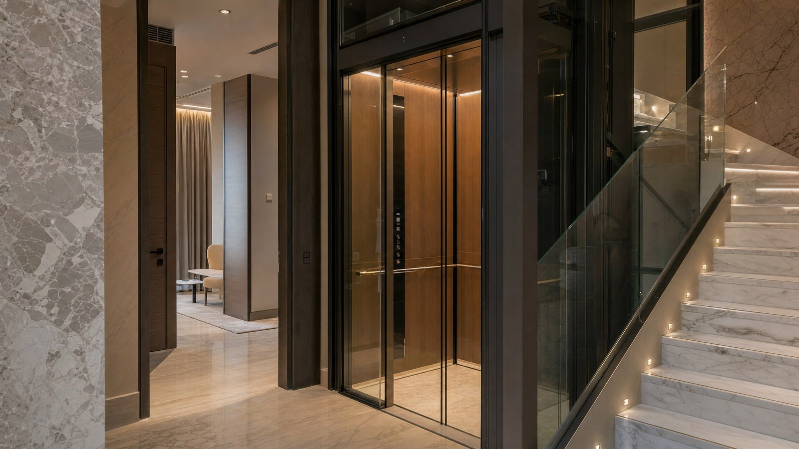 Modern glass and wood home elevator in a luxury villa beside a marble staircase