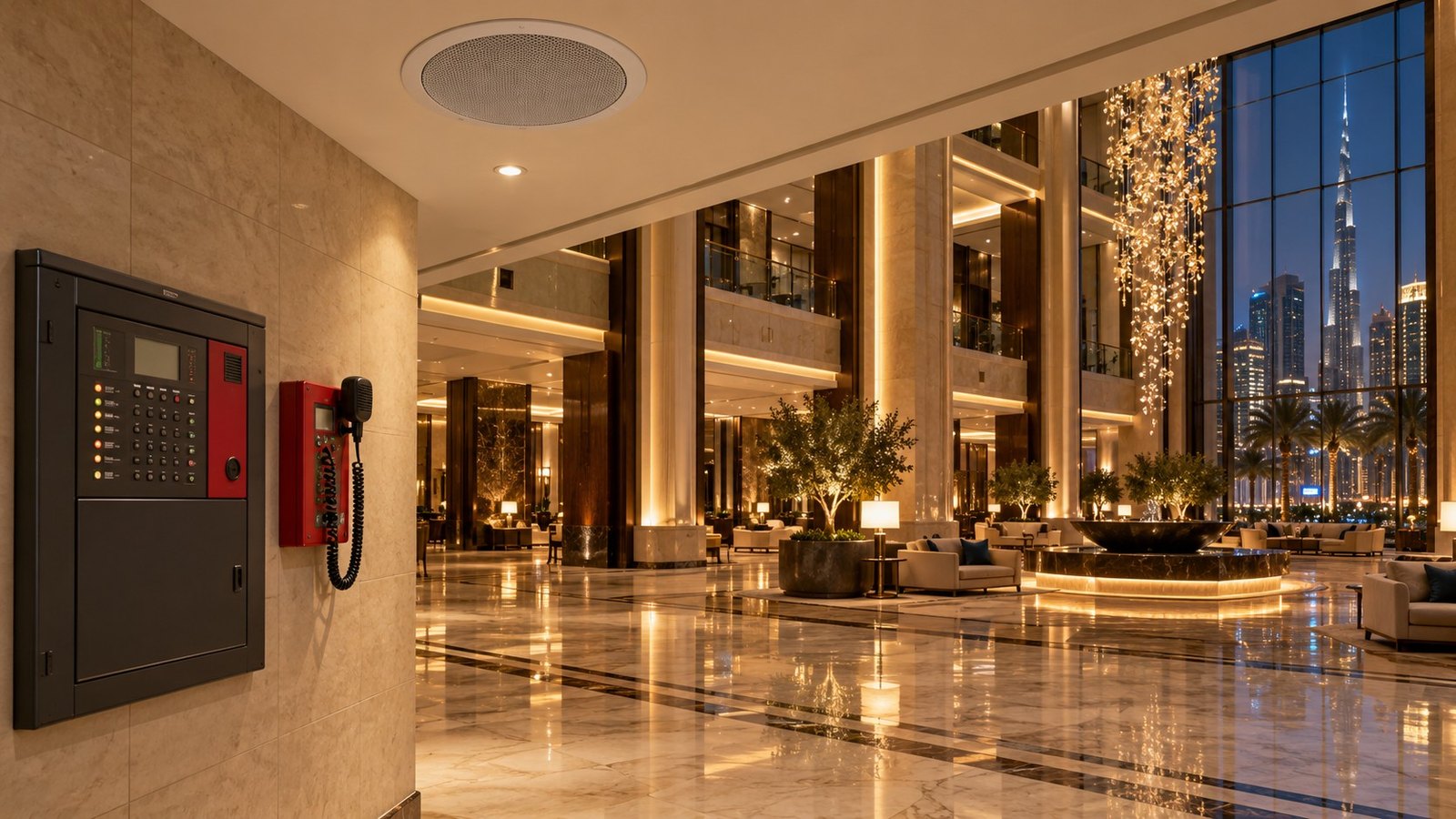 Ceiling loudspeaker and voice alarm fire microphone panel in a Dubai hotel lobby